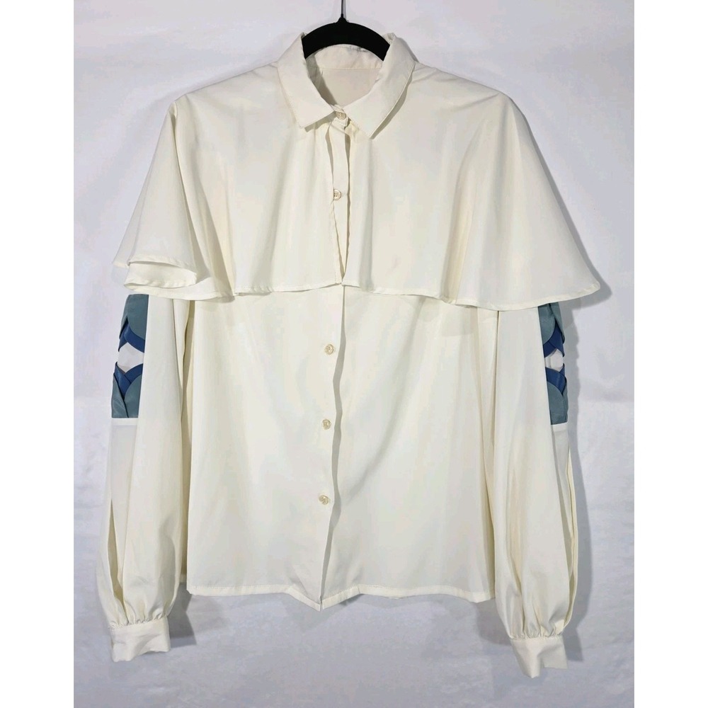 Vintage Cape Overlay Blouse Women L Cream Avant-Garde Geometric Lattice Sleeve